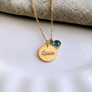 Personalized birthstone necklace with medal to engrave - Women&#39;s necklace, mom gift, daughter&#39;s necklace, birth gift, women&#39;s jewelry