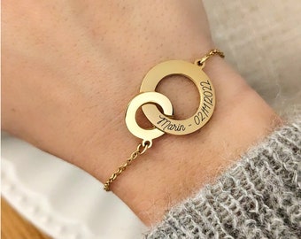 Bracelet personnalisé avec 2 anneaux entrelacés - Bracelet femme, cadeau personnalisé, gravé, cadeau maman, bracelet fille, naissance
