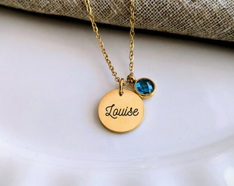 Collier personnalisé pierre de naissance avec médaille à graver - Collier femme, cadeau maman, collier fille, cadeau naissance, bijou femme