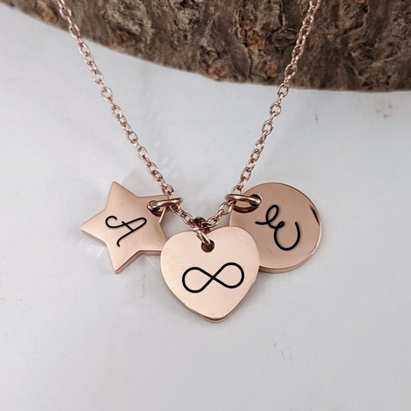 Collier personnalisé "initiales" avec 3 médailles à graver cœur, rond, étoile - Collier femme, cadeau maman, collier fille, cadeau naissance