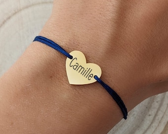 Personalized colored cord bracelet with engravable heart charm - Women's bracelet, engraved, gift for mom, baby shower gift
