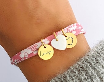 Bracelet personnalisé en cordon Liberty avec médailles à graver et une nacre "cœur"- Bracelet femme, gravé, cadeau maman, bracelet fille