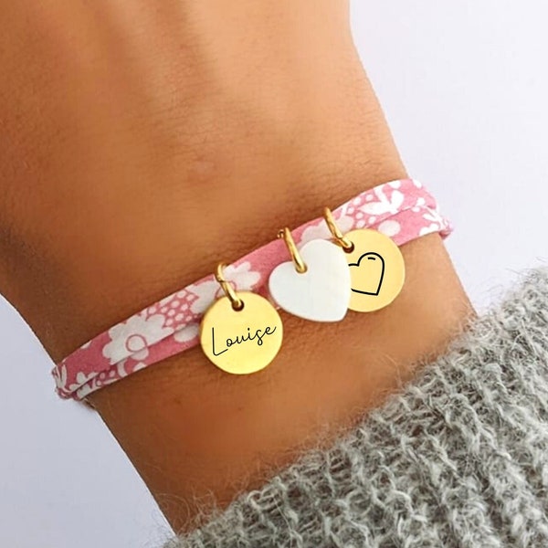 Bracelet personnalisé en cordon Liberty avec médailles à graver et une nacre "cœur"- Bracelet femme, gravé, cadeau maman, bracelet fille