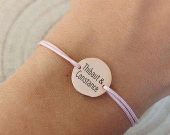 Personalized colored cord bracelet with round engravable charm - Women's bracelet, engraved, gift for mom, baby shower gift