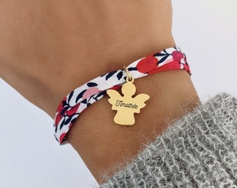 Bracelet personnalisé en cordon Liberty avec médailles "ange" à graver - Bracelet femme, maman, bracelet fille, cadeau baptême, naissance