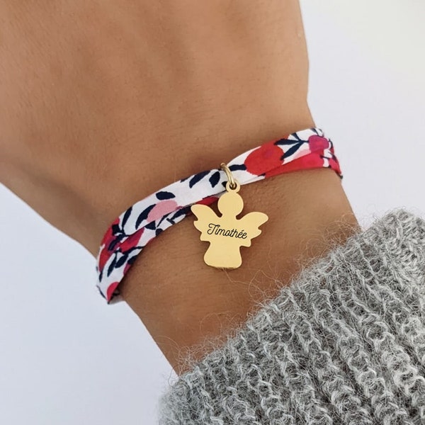 Bracelet personnalisé en cordon Liberty avec médailles "ange" à graver - Bracelet femme, maman, bracelet fille, cadeau baptême, naissance