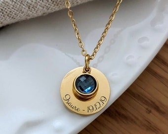 Collier personnalisé pierre de naissance avec médaille à graver - Collier femme, cadeau maman, collier fille, cadeau naissance, bijou femme