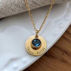 Personalized birthstone necklace with medal to engrave - Women&#39;s necklace, mom gift, daughter&#39;s necklace, birth gift, women&#39;s jewelry