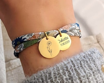 Bracelet personnalisé en cordon Liberty avec médailles fleur naissance - Bracelet femme, cadeau maman, bracelet fille, cadeau naissance