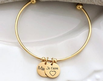 Bracelet jonc personnalisé avec médailles à graver - Bracelet femme, cadeau personnalisé, gravé, cadeau maman, bracelet fille, naissance