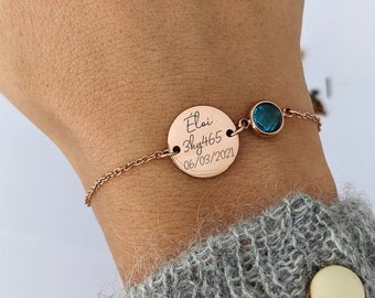 Bracelet personnalisé avec médaille ronde à graver et pierre de naissance - Bracelet femme, cadeau personnalisé, cadeau maman, naissance