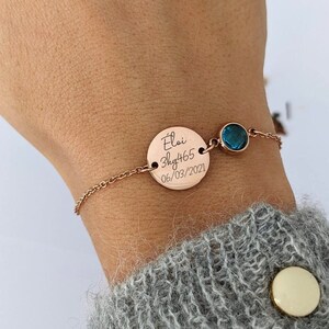 Personalized bracelet with round medal to engrave and birthstone - Women's bracelet, personalized gift, mom gift, birth