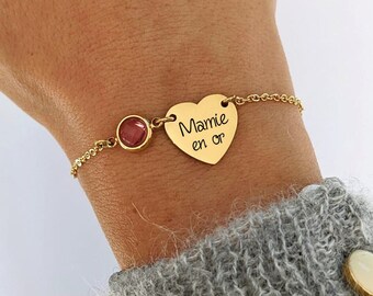 Bracelet personnalisé avec médaille "coeur" à graver et pierre de naissance - Bracelet femme, cadeau personnalisé, cadeau maman, naissance