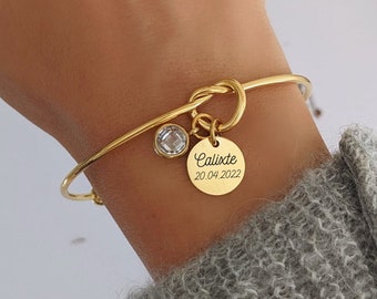 Bracelet jonc personnalisé avec médailles à graver et pierre de naissance - Bracelet femme, cadeau personnalisé, cadeau maman, naissance