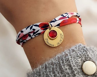 Bracelet personnalisé liberty avec médaille ronde à graver et pierre de naissance - Bracelet femme, personnalisé, cadeau maman, naissance