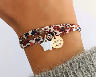 Bracelet personnalisé en cordon Liberty avec médailles à graver et une nacre "étoile"- Bracelet femme, gravé, cadeau maman, bracelet fille