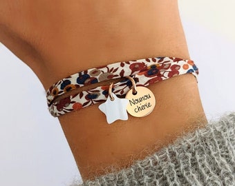 Pulsera de cordón Liberty personalizada con medallas para grabar y una "estrella" de nácar - Pulsera mujer, grabada, regalo mamá, pulsera hija