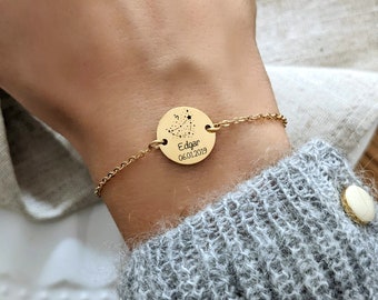 Personligt stjärnteckenarmband med rund graverbar berlock - Damarmband, personlig present, graverad, present till mamma, nyfödd bebis
