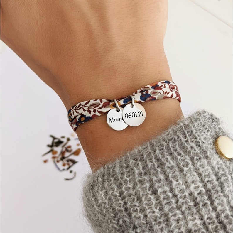 Pulsera cordón Liberty personalizada con medallas de PLATA para grabar Pulsera mujer, regalo mamá, pulsera hija, regalo nacimiento imagen 1