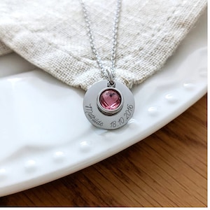 Personalized birthstone necklace with medal to engrave - Women&#39;s necklace, mom gift, daughter&#39;s necklace, birth gift, women&#39;s jewelry
