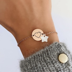 Personalized bracelet with round medal to engrave + mother-of-pearl - Women&#39;s bracelet, personalized gift, mom&#39;s gift, birth gift, Christmas