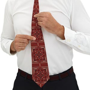Palestinian Printed Tatreez Stylish Red Pattern Necktie - Unique Gift for Him, Wedding Accessory, Formal Wear, Stylish Tie, Holiday Fashion