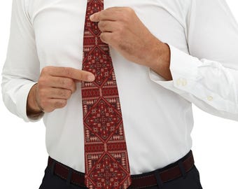 Palestinian Tatreez Necktie: Red Pattern, Stylish Formal Wear