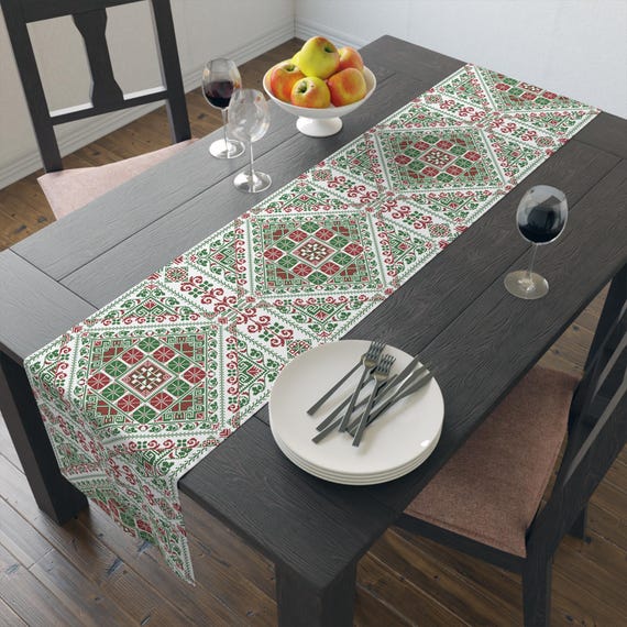 Embroidered Palestinian Tatreez Table Runner, Middle Eastern Home Decor Gift, Christmas Eid Ramadan, Cotton Poly, Wall Hanging, Kitchen