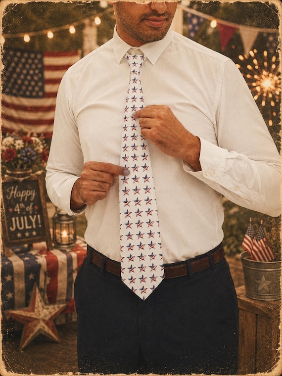 Red White Blue Star Pattern Necktie | Patriotic Fourth of July Tie
