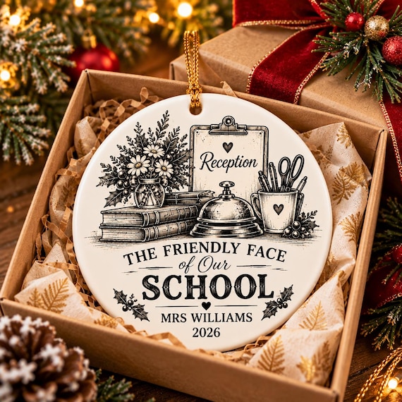 Personalised School Receptionist Ceramic Ornament, Vintage Black & White Keepsake (2026)