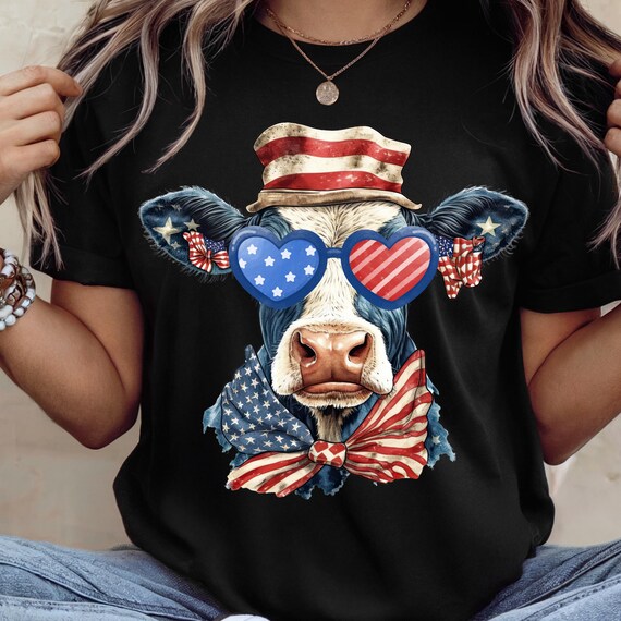 Patriotic Heifer Cow T-Shirt, Independence Day Gift, USA Pride Tee, Farm Animal Shirt, Funny Summer Outfit, Unisex Garment-Dyed Tee