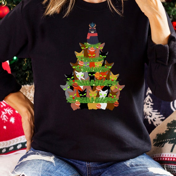 Personalised Cat Santa Hat Christmas Jumper Funny Family Holiday Outfit Cat Lovers Xmas Unisex Sweatshirts Personalised Tree cat Shirt