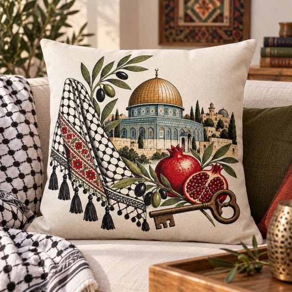 Palestinian Pillow, Vintage Palestine Cushion, Keffiyeh Olive Branch Pomegranate Design, Palestinian Heritage Home Decor, Palestine Gift