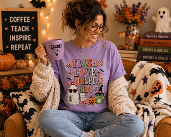Teach Love Inspire Repeat T-shirt | Halloween Teacher Ghost Pumpkin Owl Design.