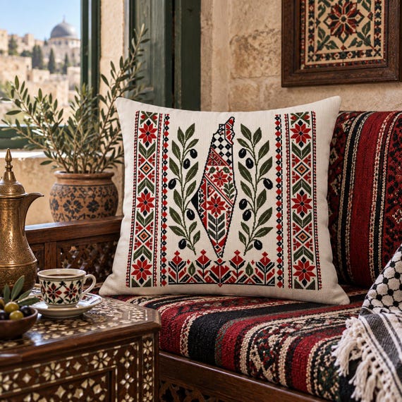 Palestinian Heritage Printed Pillow, Traditional Geometric Design, Faux Suede Cushion Cover