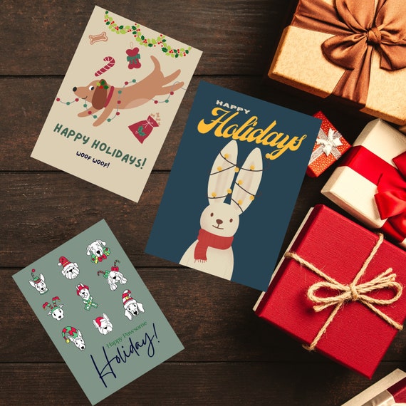 Digital Downloadable Printable Christmas Greeting Cards Animal And Pet Lovers Christmas Cards, Dog Rabbit Lovers.