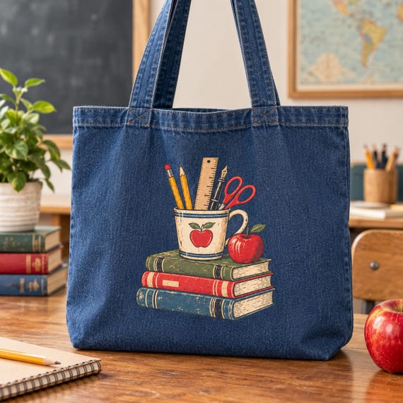Vintage Teacher Organic Denim Tote Bag, Retro School Book Bag, Teacher Gift, Classroom Tote, Back to School Gift