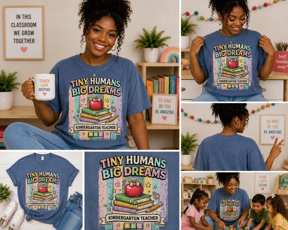 Tiny Humans Big Dreams Shirt | Kindergarten Teacher Tee | Apple Books Stack Classroom Design Back to school Shirt.