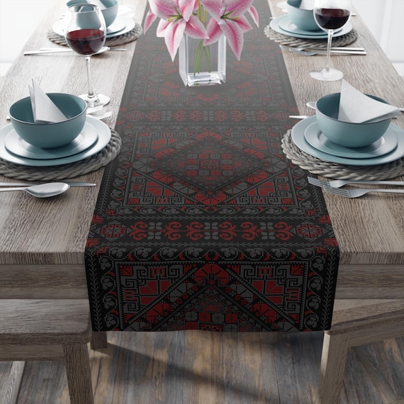 Table Runner (Cotton, Poly) - Palestinian Printed Embroidery Cultural Home Decor Gift, Christmas Vintage Home Decor, Kitchen Table Linen,