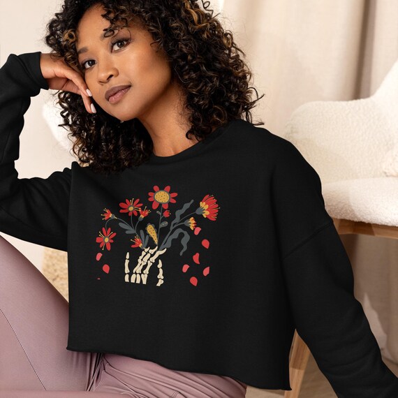 Cute Halloween Crop Sweatshirt for her spooky Halloween skeleton Hand.