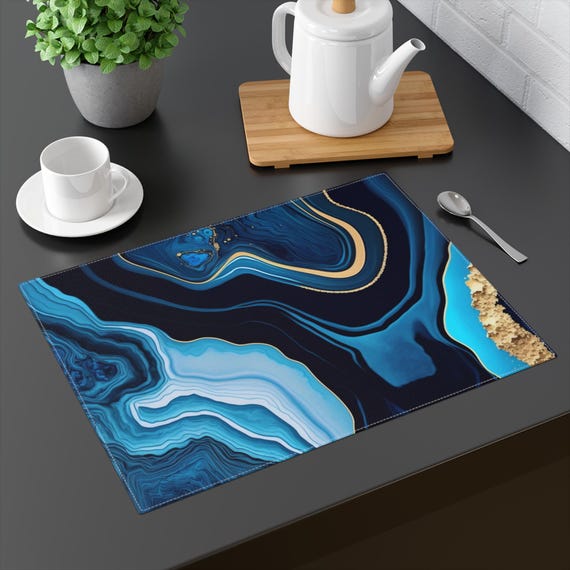 Placemat, Blue Marble Agate with Gold Power Background, Table Home Kitchen Decor Gift, Christmas, Home Ware, Table Mat, Dining Table