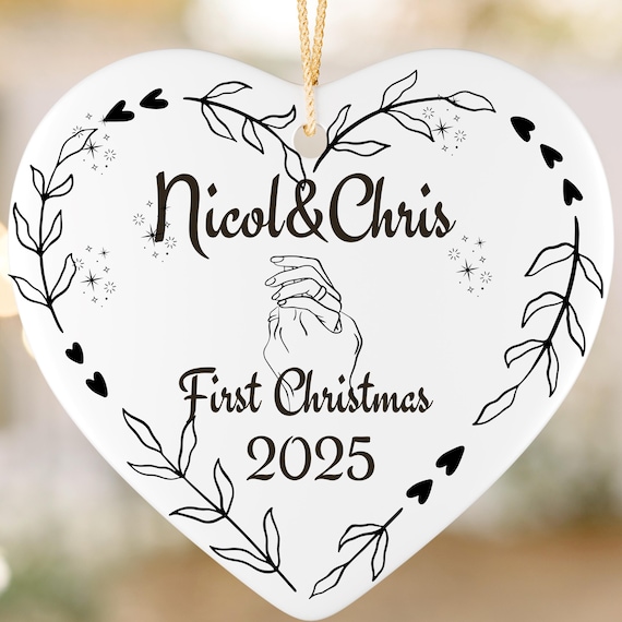 Personalized Ceramic Ornament, Custom Christmas Decor, Holiday Gift, Heart-Shaped Keepsake, First Christmas Ornament, Wedding Ornament
