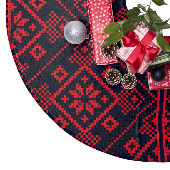 Nordic Fair Isle Christmas Tree Skirt, Red & Black Knit
