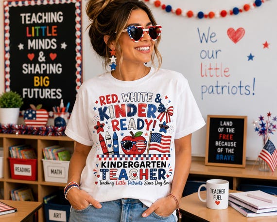 Red White & Kinder Ready Kindergarten Teacher T-Shirt | Patriotic 4th of July