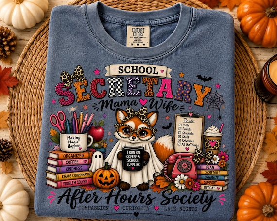 School Secretary Mama Wife Halloween Shirt, Cute Fox Secretary Tee, Spooky School Staff Shirt, Fall Secretary Gift