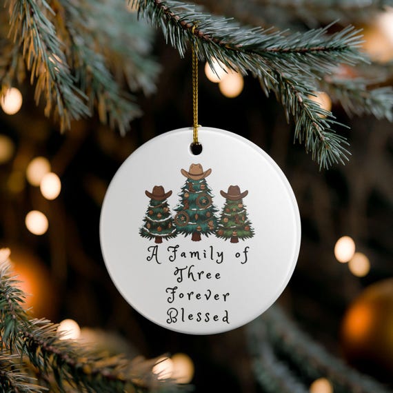 Cowboy Christmas Trees Ornament | A Family of Three Forever Blessed ceramic ornament