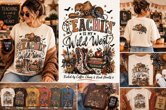 Western Teacher Shirt, Fall Teacher T-Shirt, Teachin Is My Wild West Tee, Cowgirl Teacher Shirt, Halloween Teacher Gift, Retro Teacher Tee