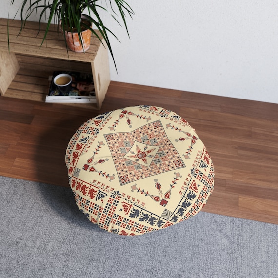 Palestinian Tatreez Embroidery Printed Tufted Floor Pillow, Round Pillow Case Ramadan Home Décor. Tufted Floor Roundnpillow.