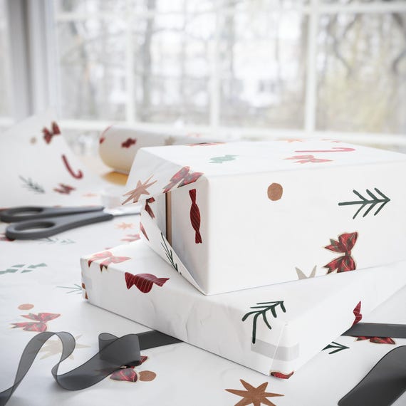 Mini Candy Cane & Holly Pattern Wrapping Paper | Christmas Holiday Wrap