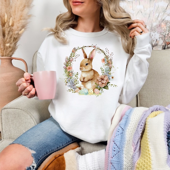 Personalized Easter Bunny Sweatshirt Wildflowers Bunnies, Retro Watercolour Bunny Art Design, Unisex Garment-Dyed Sweatshirt.